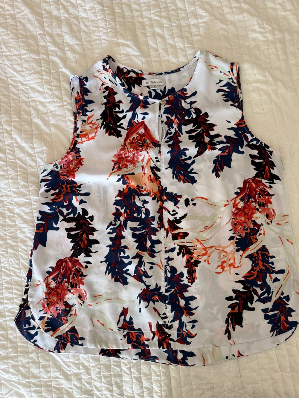 Liz Claiborne White Floral Sleeveless Top with Navy & Coral